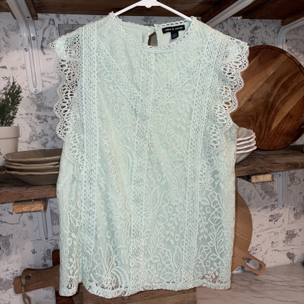 Cable & Gauge Romantic Cottagecore Bohemian Festival Pastel Green Lace Shirt L